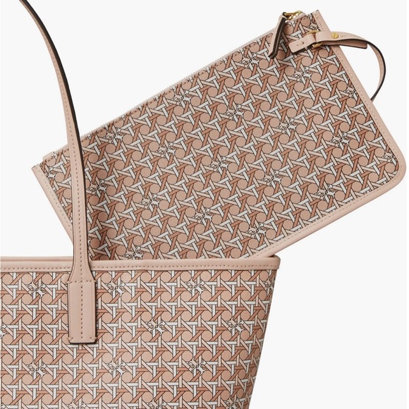 Tory Burch Purse Ever Ready Tote Bag & Pouch Peach Pink Beige Monogram New $298 - Picture 5 of 9